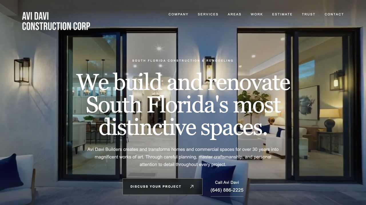 The Avi Davi Builders website with residential and commercial construction services and a direct contact path.