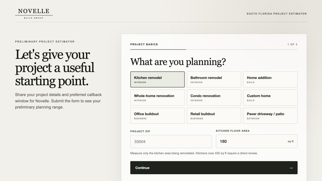 Novelle’s real project form: choose a remodel type, project ZIP and approximate size.
