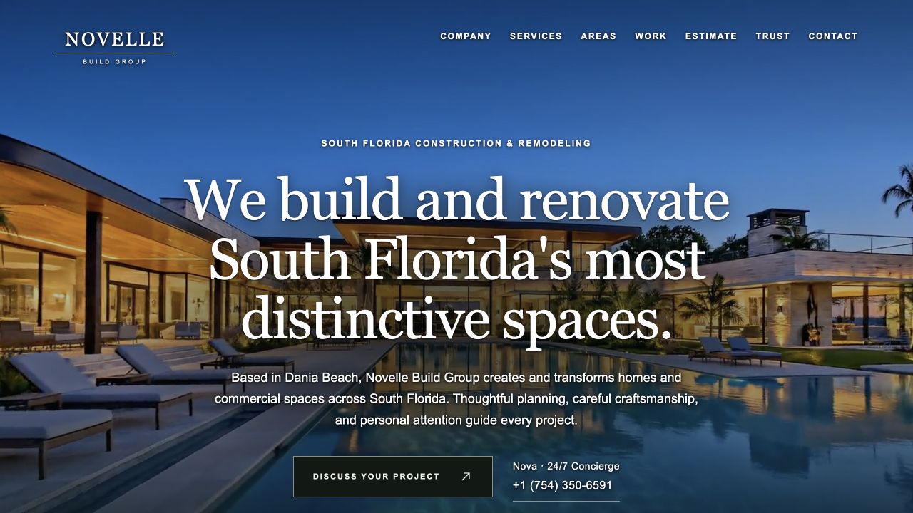 The Novelle Build Group construction website, showing its services and a clear way to start a project.